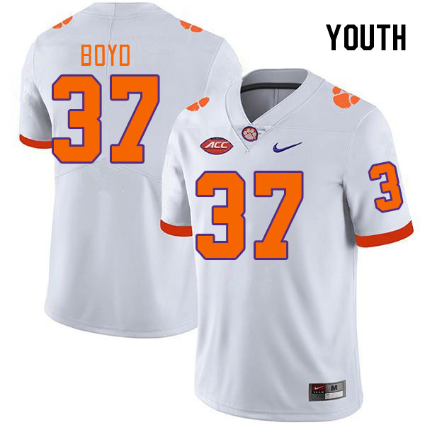 Youth #37 Liam Boyd Clemson Tigers College Football Jerseys Stitched-White - Click Image to Close